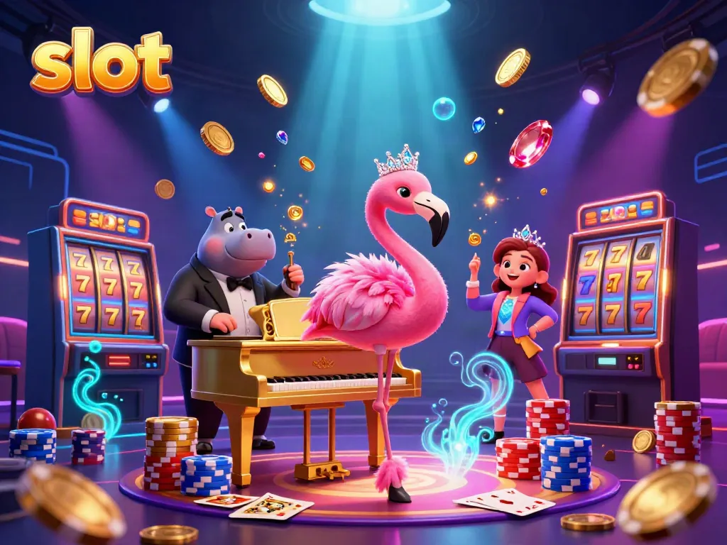 Experience the excitement of slot games with a vibrant 3D illustration showcasing lively casino characters.