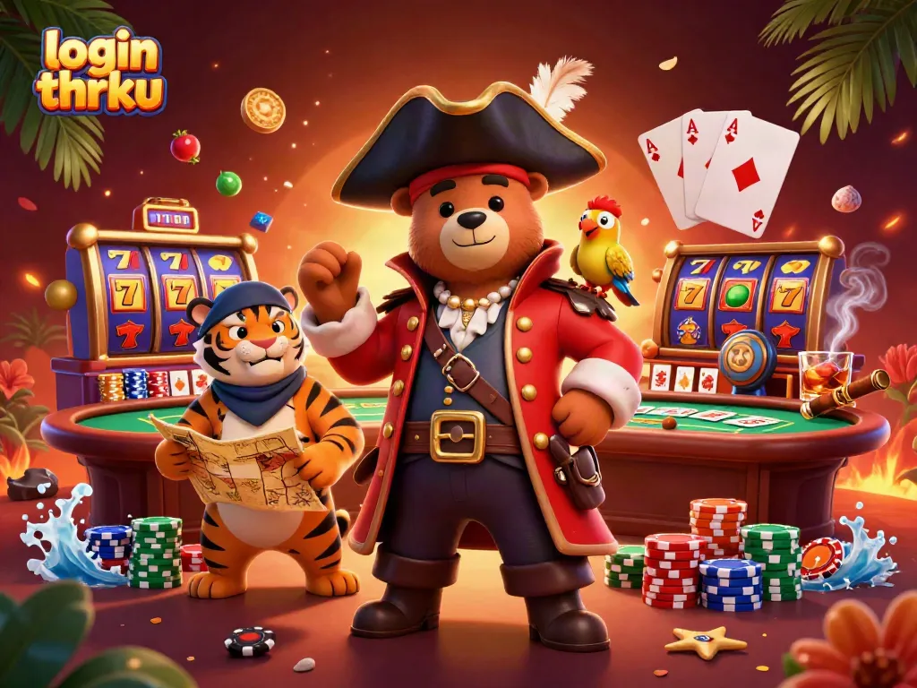 Engage with login thrku in a vibrant casino illustrated scene featuring slot reels and poker elements.