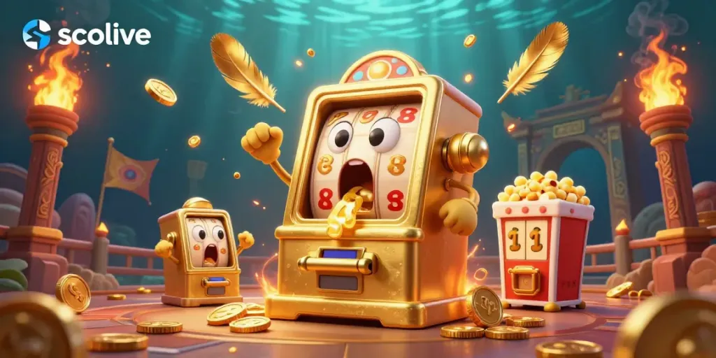 Socolive's golden slot machine celebrating a jackpot in an exciting casino scene filled with vibrant details.