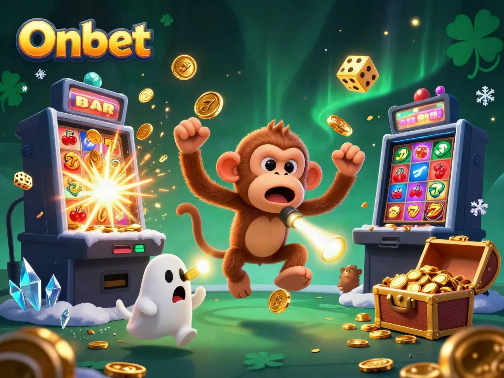 Engage with Onbet's thrilling casino experience, featuring a mischievous poltergeist monkey amidst jackpot dreams.