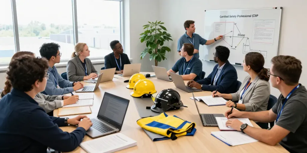 CSP Certification training session with diverse professionals engaged in discussion and learning about safety management.