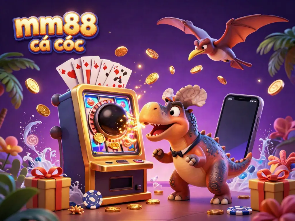 Join the excitement at mm88 cá cược as a pachycephalosaurus triggers a slot machine jackpot amidst flying coins and vibrant casino elements.