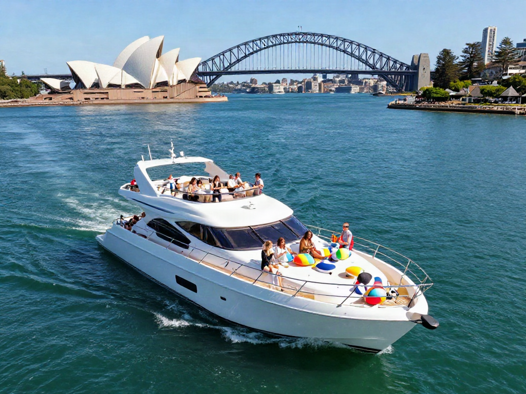 Private boat hire Sydney with guests enjoying luxury yacht celebrations in the vibrant Sydney Harbour.