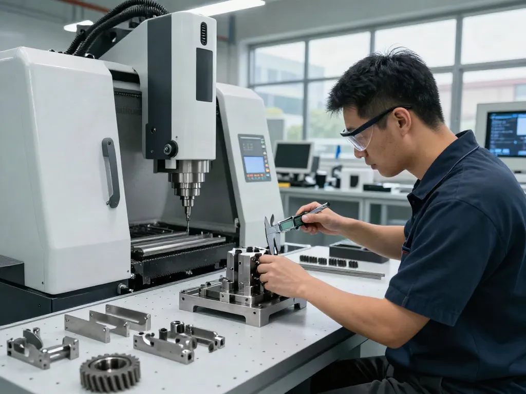 CNC machining parts being inspected by a technician in a professional workshop setting.