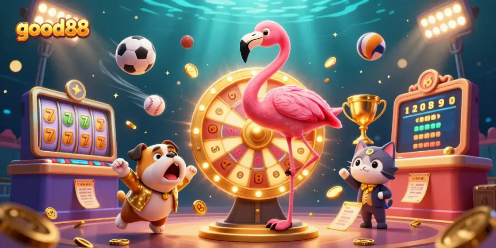 Experience the thrilling action at good88 with vibrant 3D casino characters revealing huge wins and spinning slots.