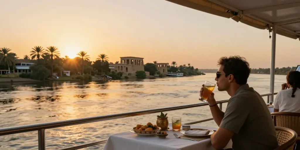 Relaxing on a Nile cruise while enjoying Egyptian scenery, showcasing the Egypt Nile cruise experience.