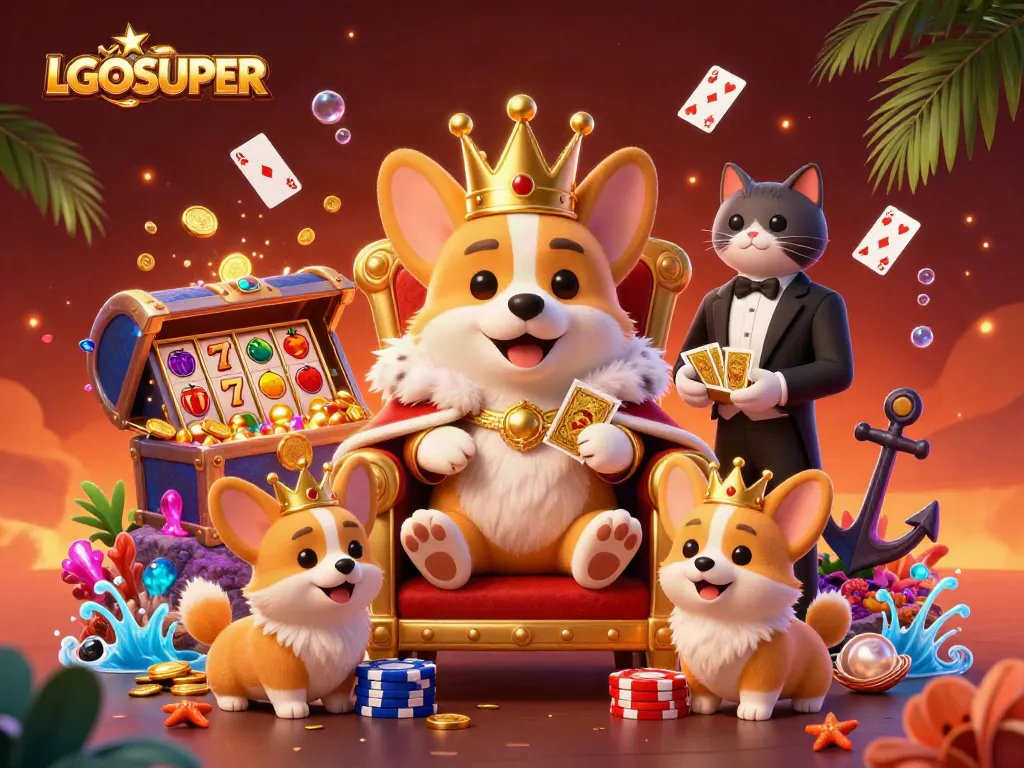 Reveal winning moments with LGOSUPER's vibrant casino scene featuring a crowned corgi, slot elements, and treasure.