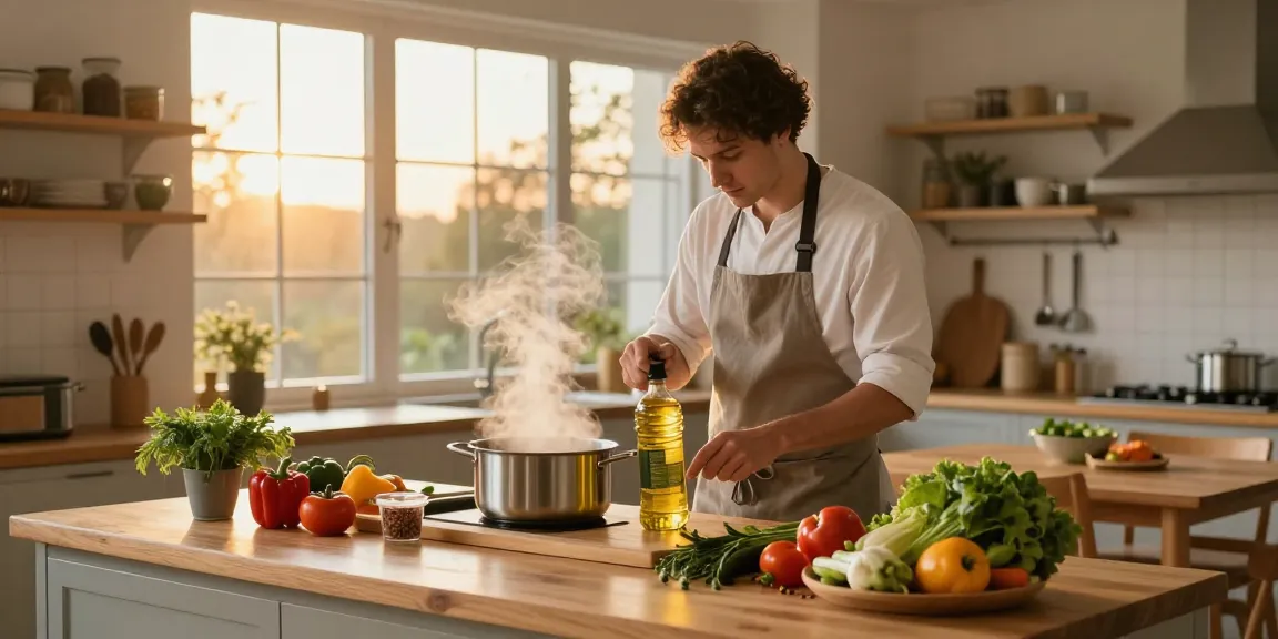 Persiapan masakan sehat dengan minyak berkualitas dari https://merdeka123.info/ di dapur yang hangat.