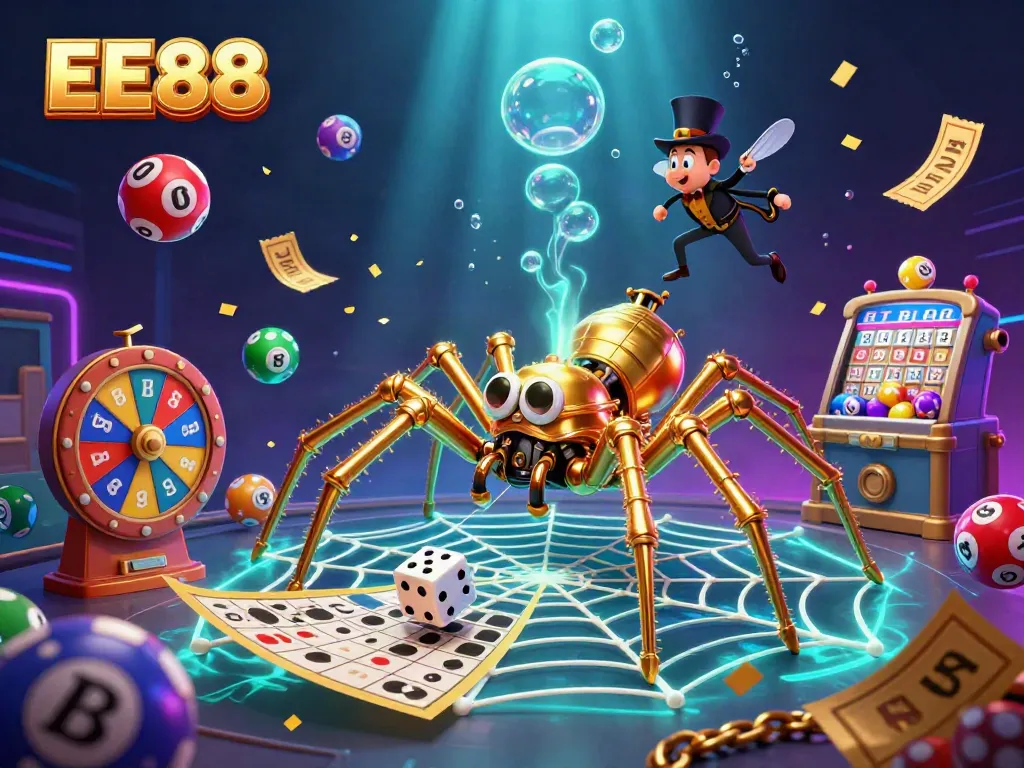 Engaging EE88 gambling scene showcasing a steampunk spider creating a web of golden chains and poker chips.