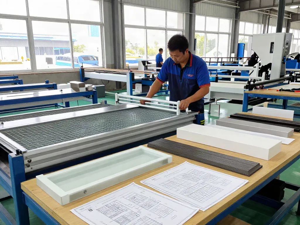 Engineered Composites GRP manufacturing scene featuring a technician assembling innovative glass reinforced plastic products.