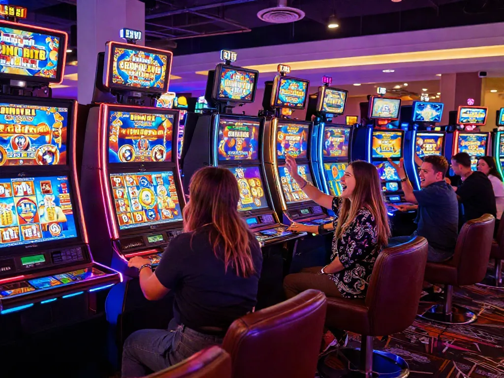 Pengunjung menikmati permainan di Situs PG dengan slot mesin berwarna-warni dan suasana kasino yang meriah.