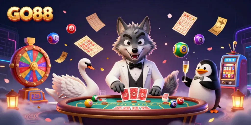 Experience the thrill of GO88 with a vibrant 3D casino scene featuring a debonair wolf and elegant swan.