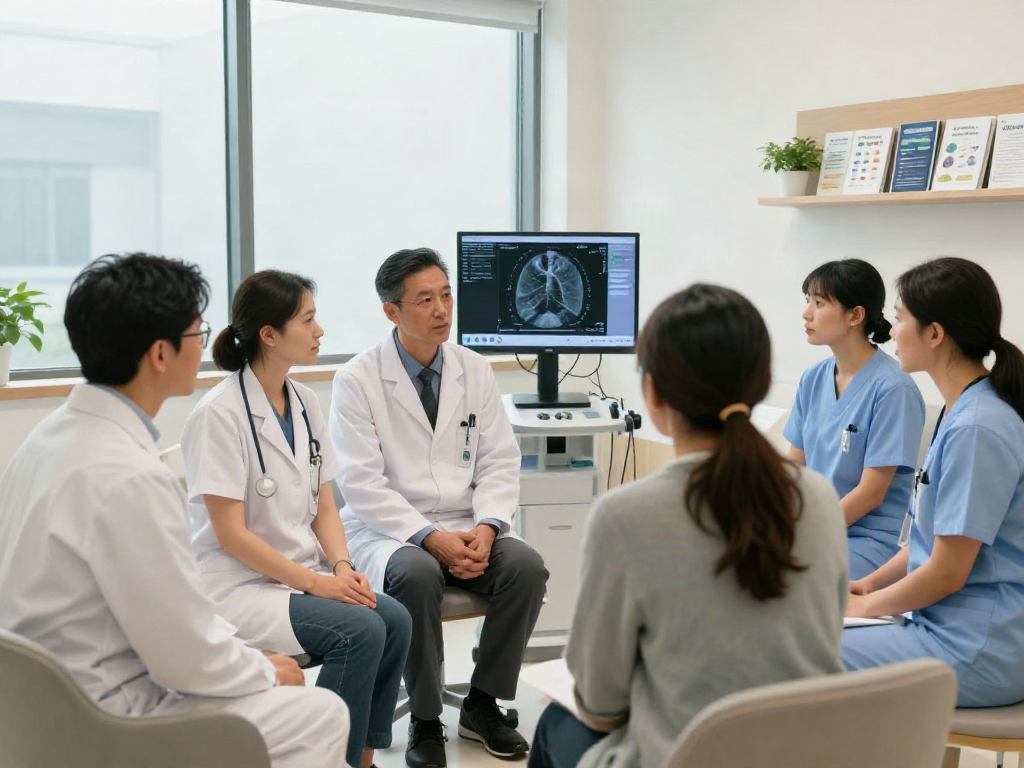Lung cancer treatment in Abu Dhabi with a multidisciplinary team discussing personalized care in a modern hospital.