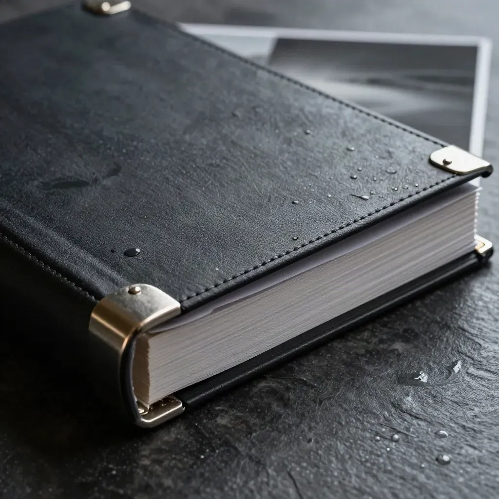 Half-open audit binder on wet stone with metal corners, charcoal tabs, and water beads.
