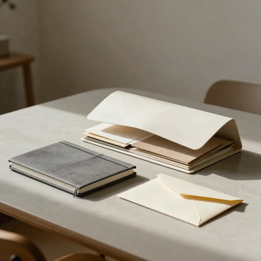 Carbon strategy sprint kit with notebook, swatches and envelope on a pale table in soft daylight