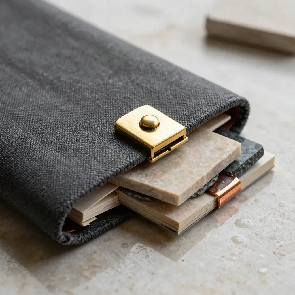 Charcoal audit folio with brass clasp, stone samples and booklet on limestone after rain.