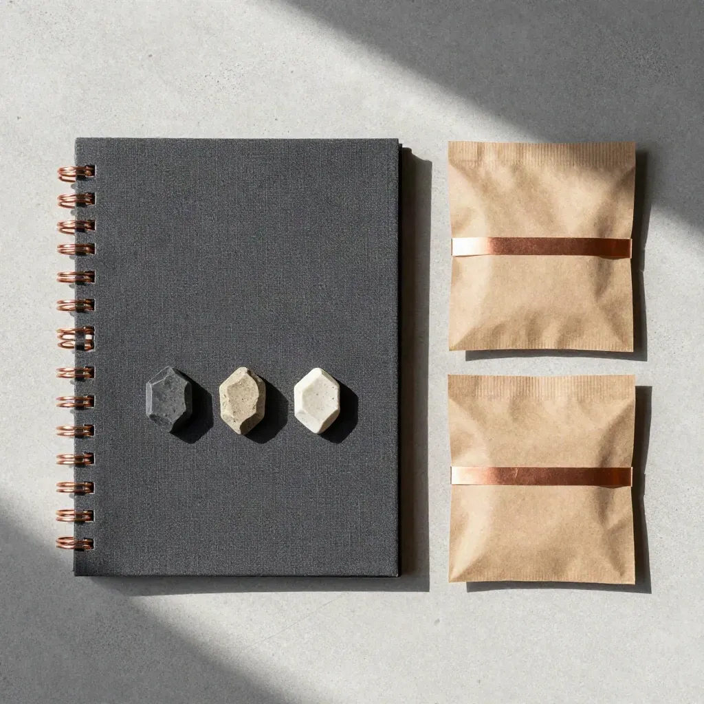 Overhead flatlay of a carbon offset shortlist folio, sample chips, and sealed paper packets on concrete.
