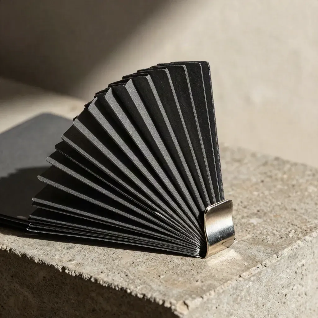 Macro of tabbed monthly tracking inserts in a graphite sleeve with a metal clip on concrete.
