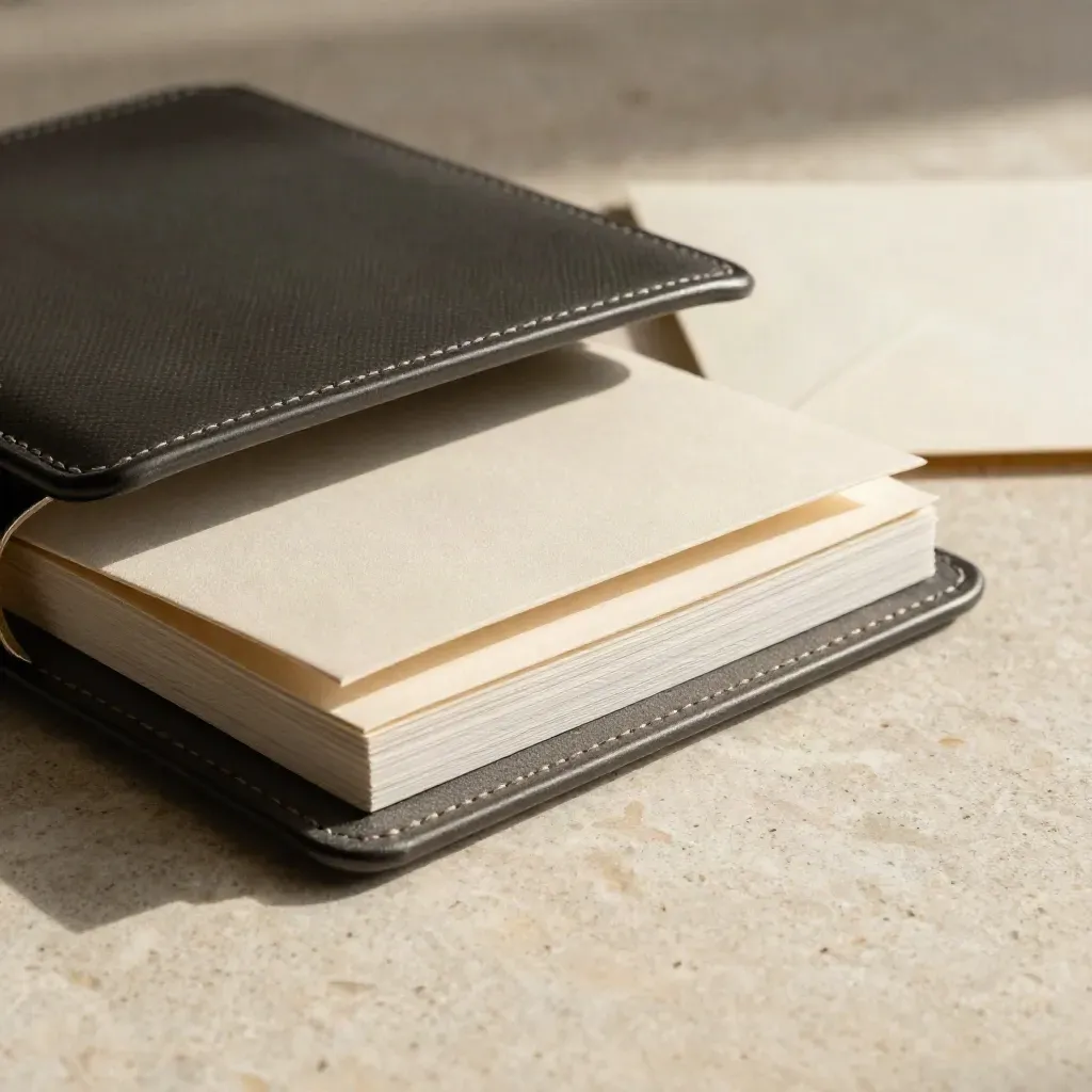 Open premium case with binder, sample cards and sealed envelope on stone, lit from upper left.