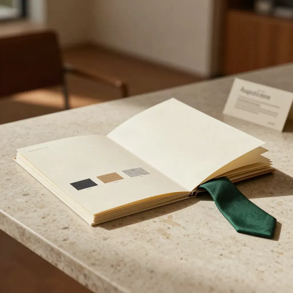 Planning folio with sample blocks and a forest-green linen tie on travertine.