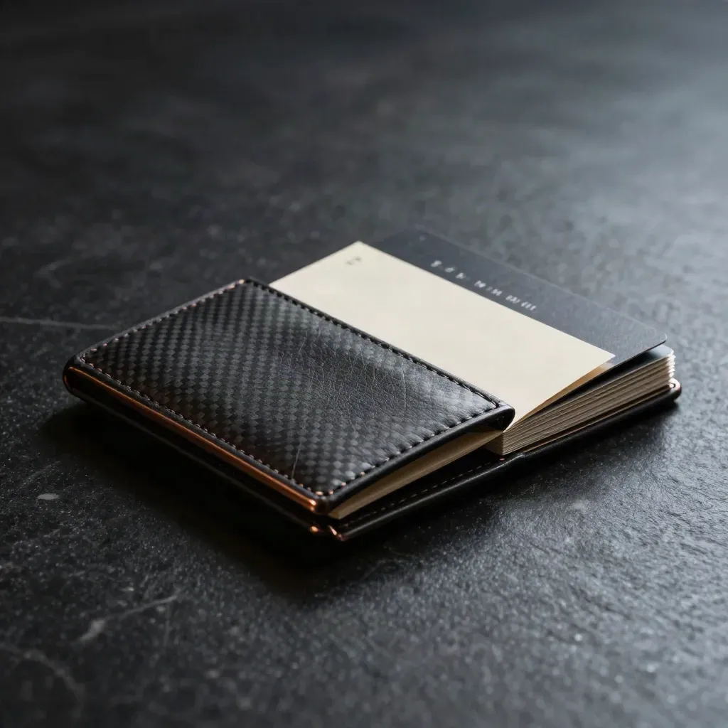 Charcoal carbon memo wallet, sleeve and cards on dark stone with copper accents.