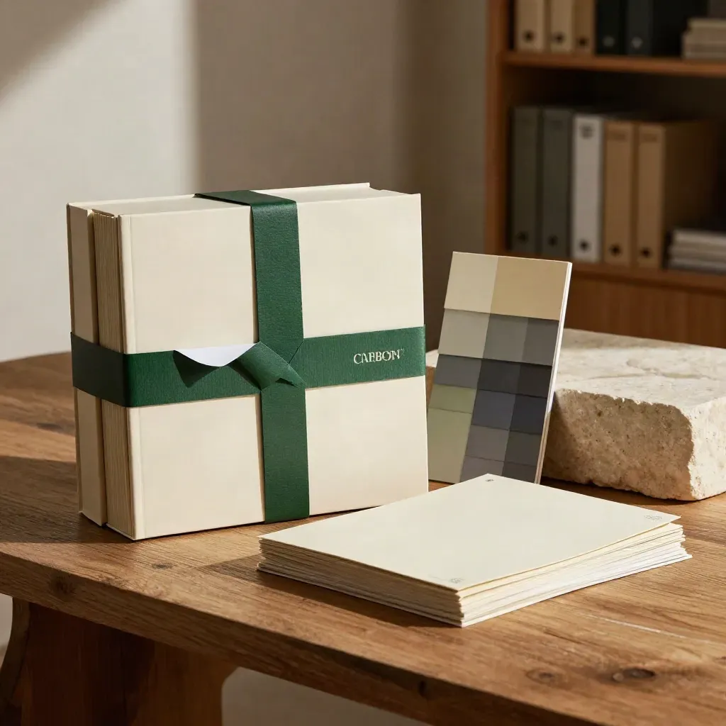 Open ivory carbon report bundle with green bands on oak, lit by soft upper-left sunlight.