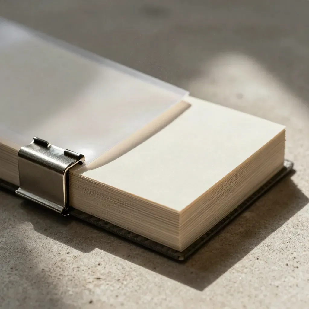 Extreme macro of a translucent sleeve with blank template cards and a slim binder clip in hard upper-left light.