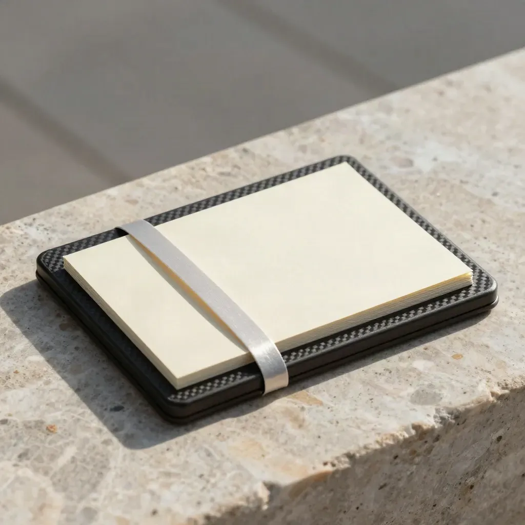 Charcoal board brief kit on pale travertine, with loosening paper band and face-down card.
