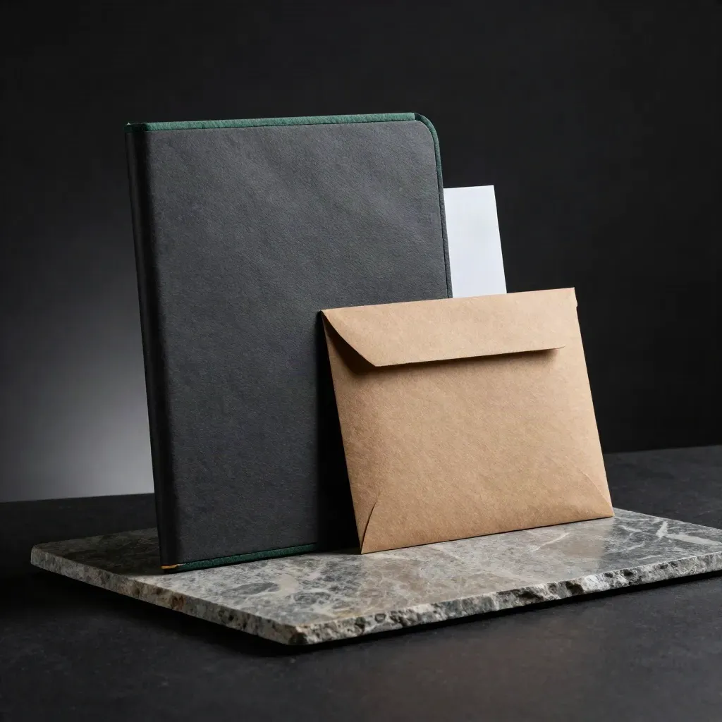 Dark UK carbon audit kit with folder, stone tile and envelope on a black studio surface.