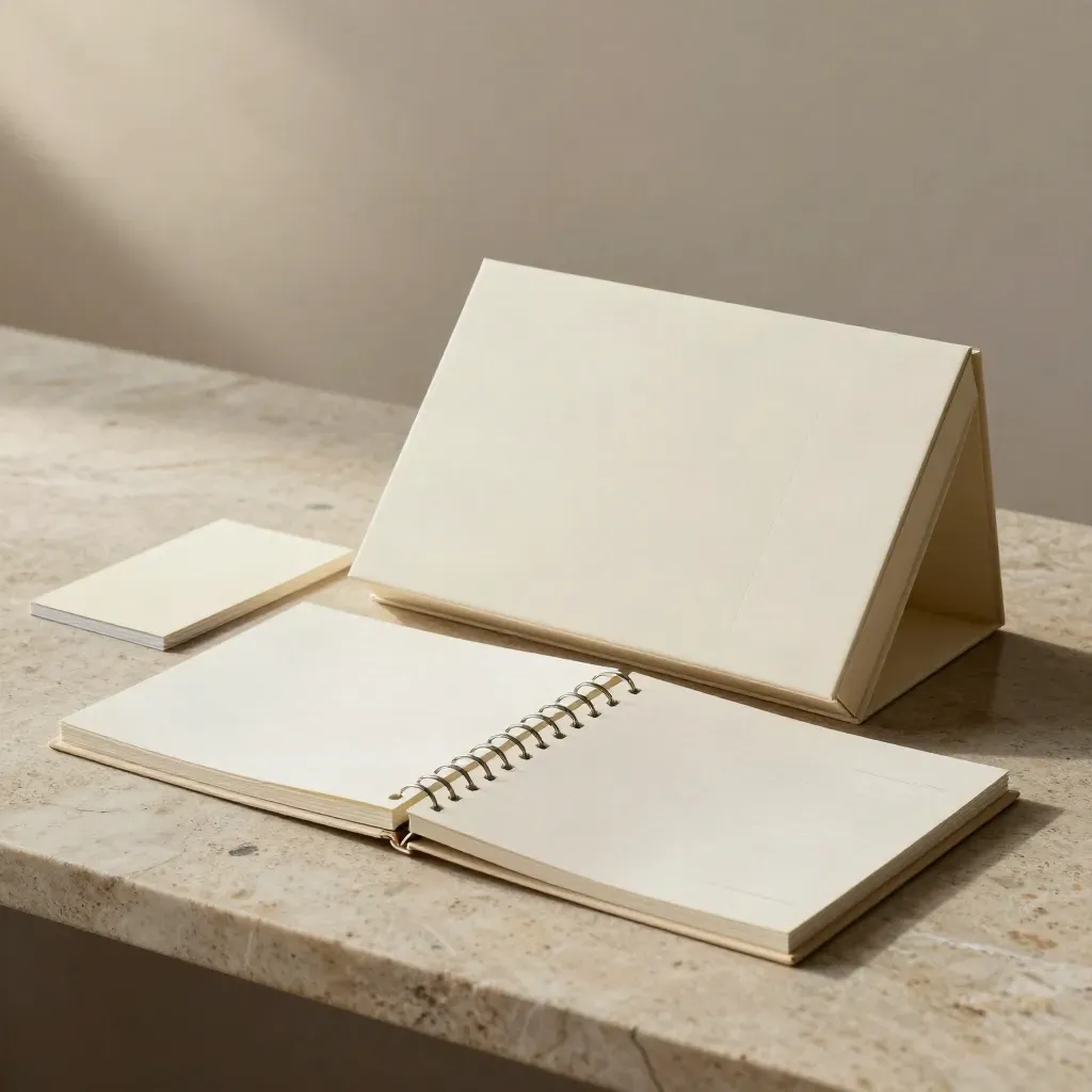 Ivory reporting pack with open ring binder and pale tabs on stone surface.