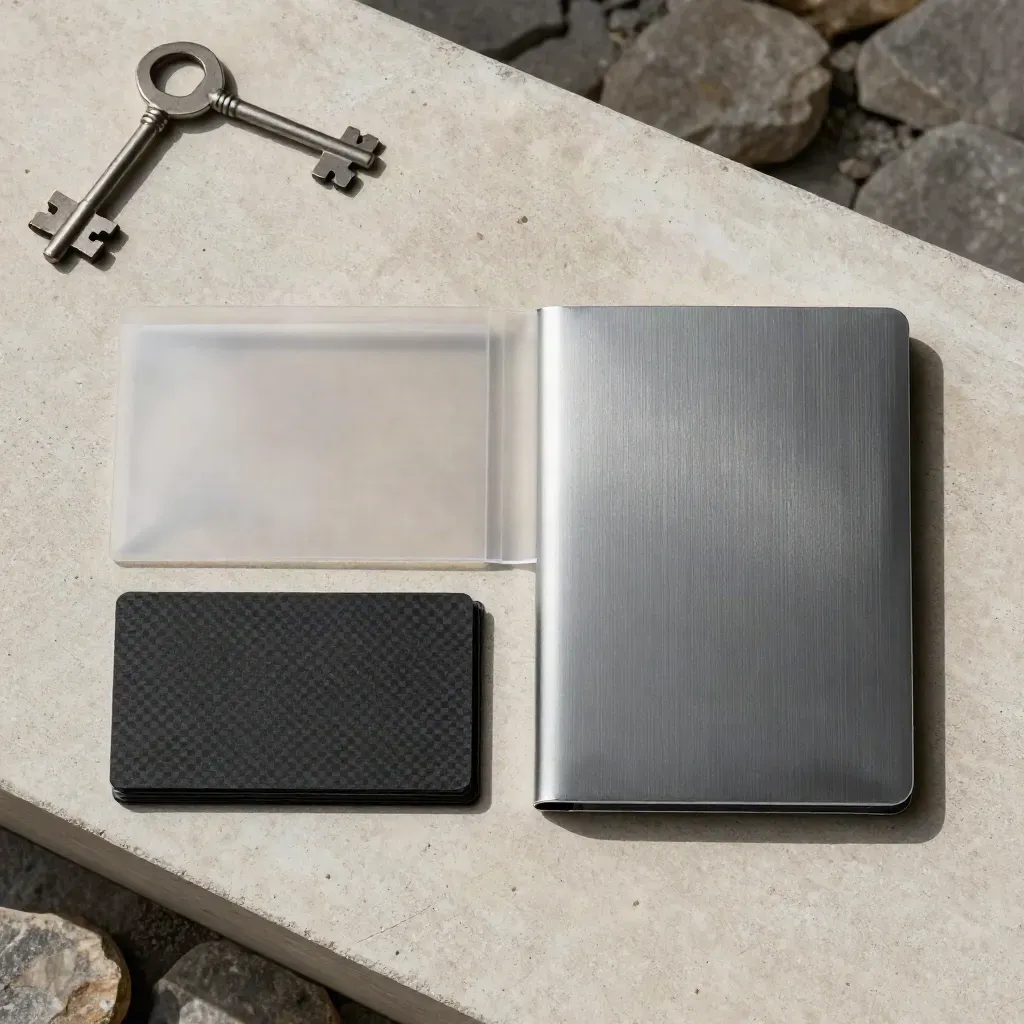 Top-down flatlay of a risk-review folio, lifted sleeve, and charcoal cards on concrete.