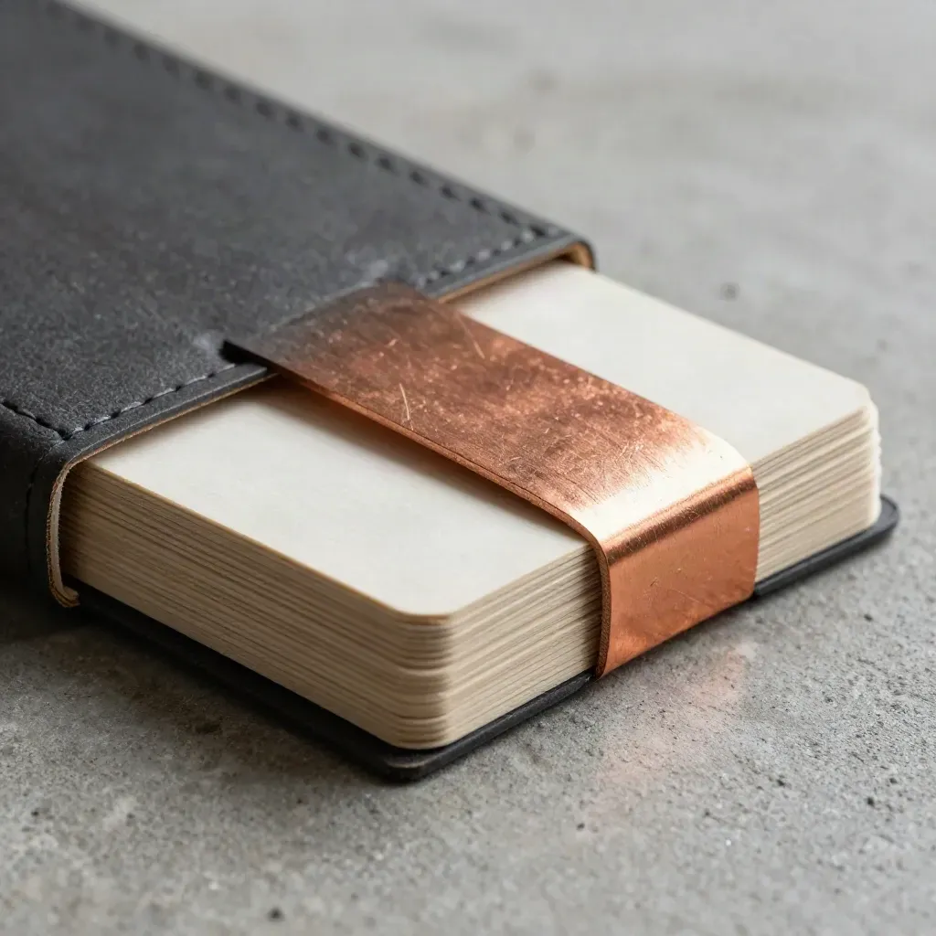 Macro of stacked cream action cards, narrow booklet and copper paper band on concrete.