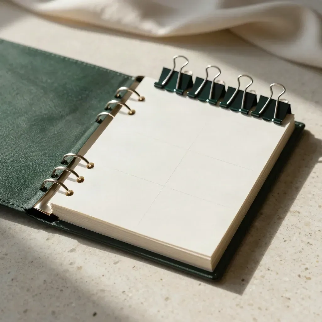 Overhead luxury climate KPI starter kit with tabbed cards, binder, and clips on travertine.