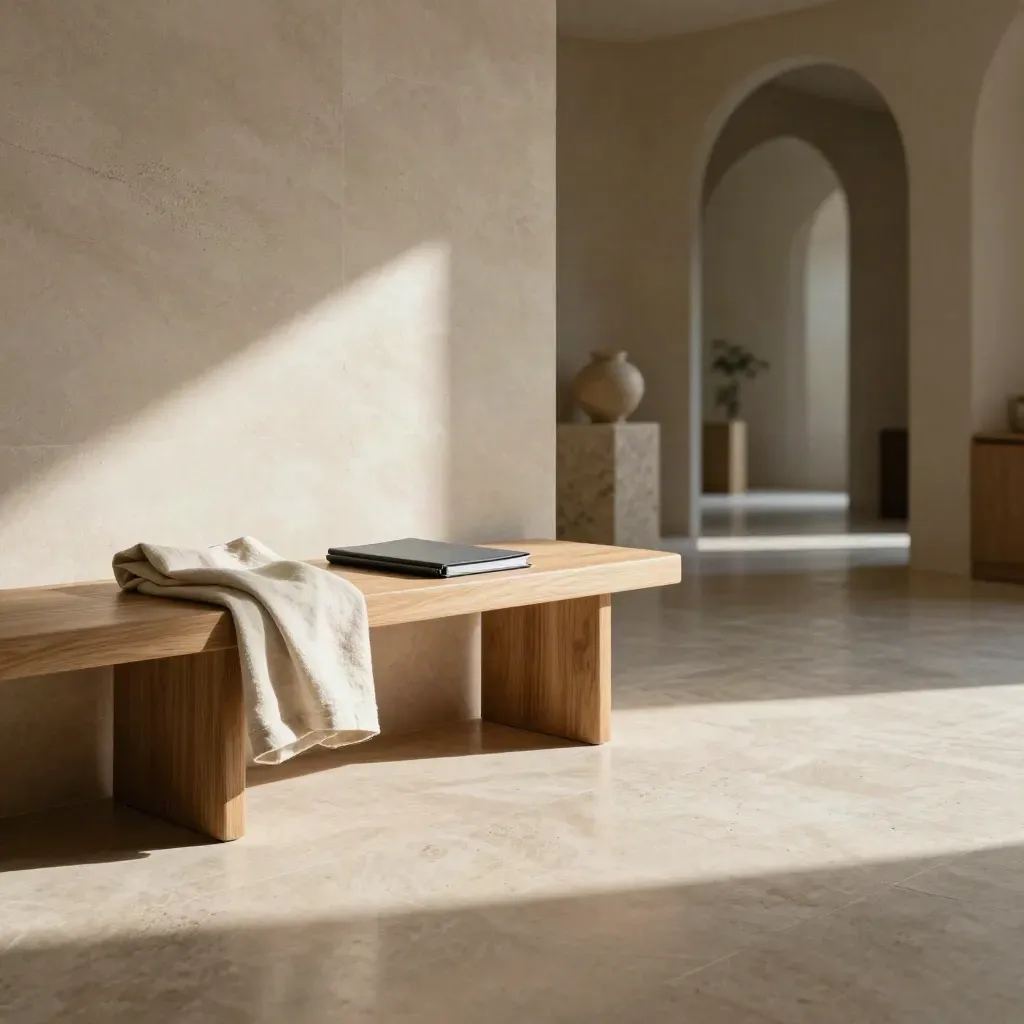 Sunlit travertine hallway with pale oak bench and distant arch, calm open floor for copy.