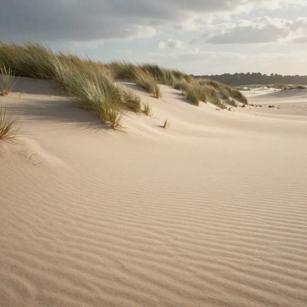 Warm sand ridge with sparse grasses and distant trees under soft clouds
