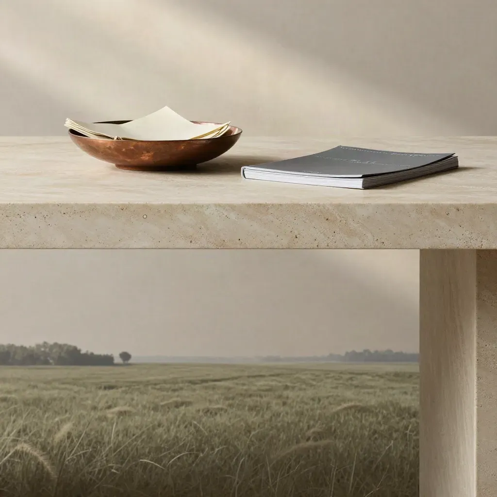 Brushed limestone tabletop, plaster wall, and copper-rimmed bowl in soft morning light.