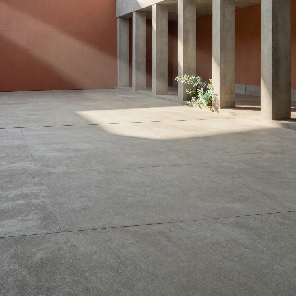 Sunlit concrete courtyard with a shadowed colonnade and pale planting, calm open space below for copy.