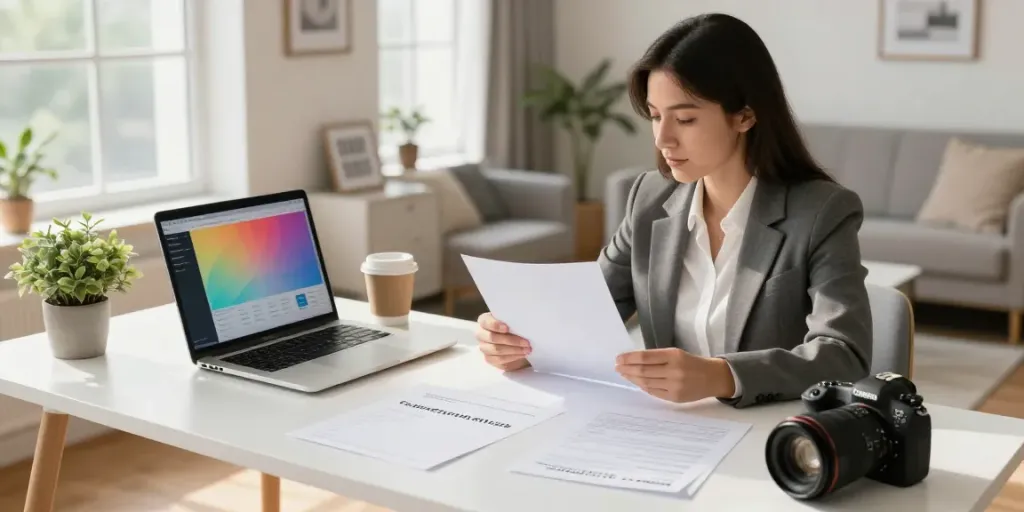 Mortgage broker analyzing refinance home loans documents in a modern home office.