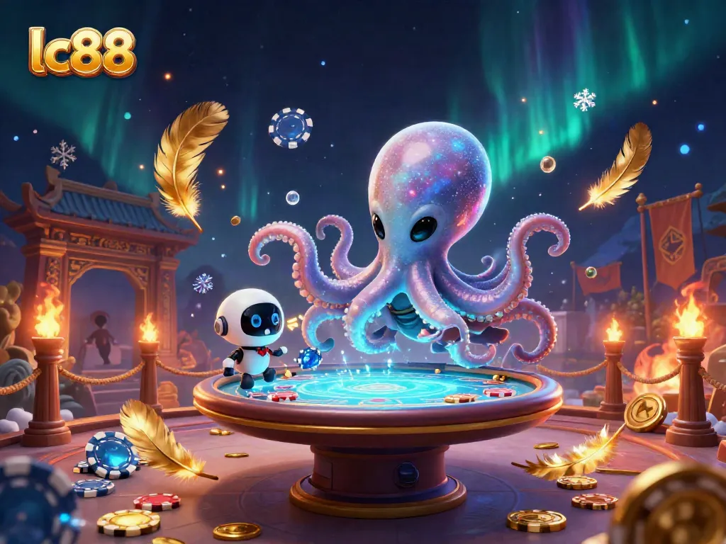 Engage in thrilling poker gameplay with lc88 in a lively 3D casino scene featuring an alien octopus.