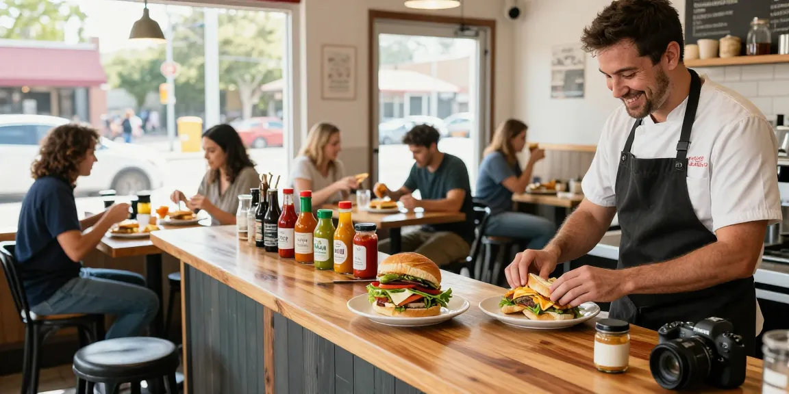 breakfast near me (Austin Texas area) with NYC-inspired sandwiches and house-made sauces in a vibrant café.