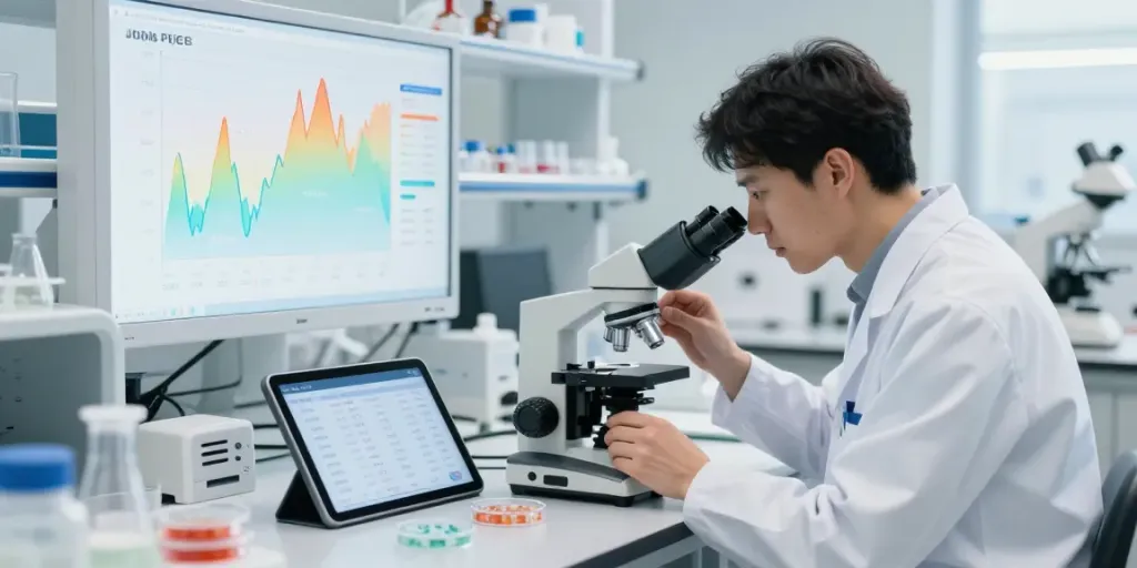Researcher examining peptide samples with pepti prices displayed on a tablet.