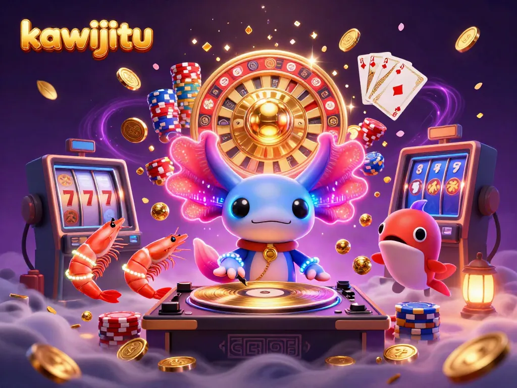 Experience the vibrant world of kawijitu with a neon axolotl DJ in a lively casino scene.