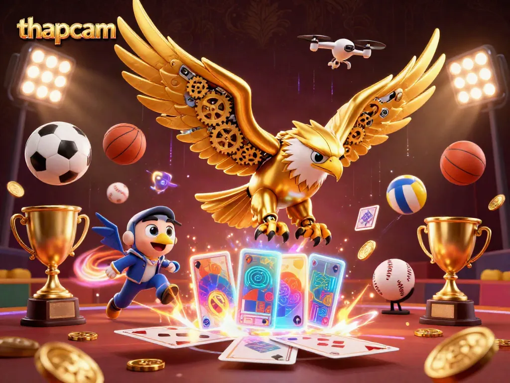 Witness thapcam's dynamic sports betting scene with a cybernetic eagle and flying gaming elements.