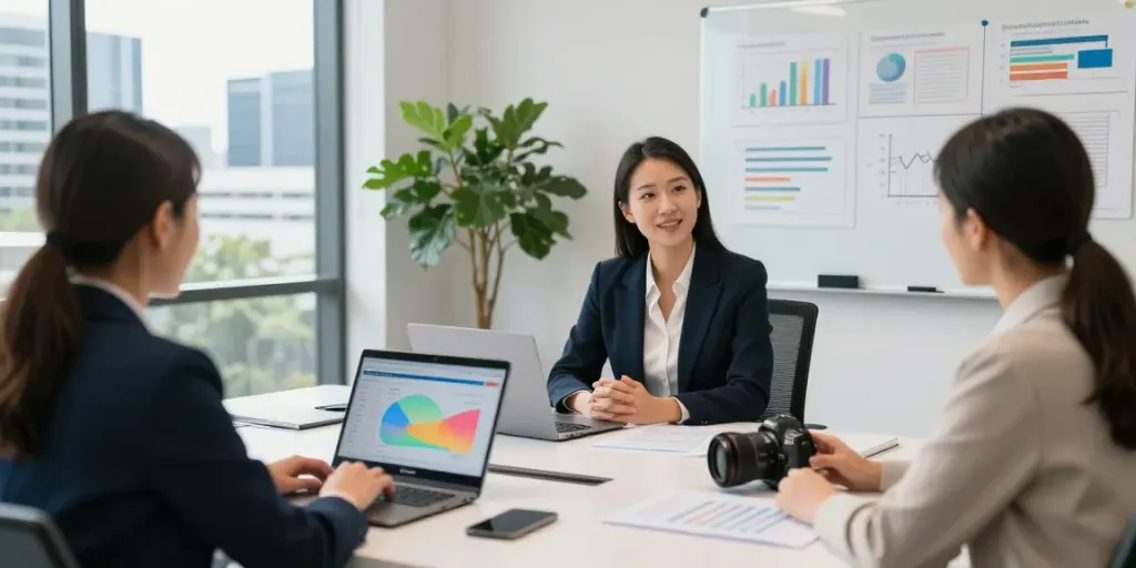 Finance Broker in Brisbane consulting clients on loan options in a modern office.
