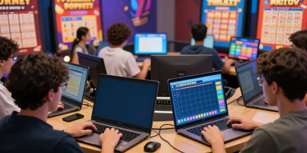 Lingkungan bermain togel online dengan pemain menggunakan perangkat digital dan grafik menarik dari dewitogel.