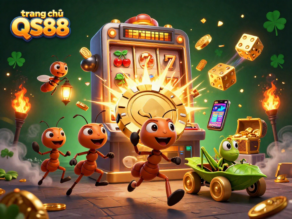 Experience the excitement of gaming at trang chủ QS88 with ants carrying a giant poker chip amidst vibrant casino elements.