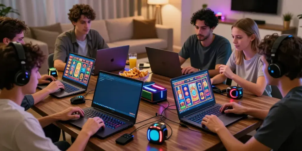Friends enjoying online gaming at https://da88z.net/ with vibrant slot graphics.