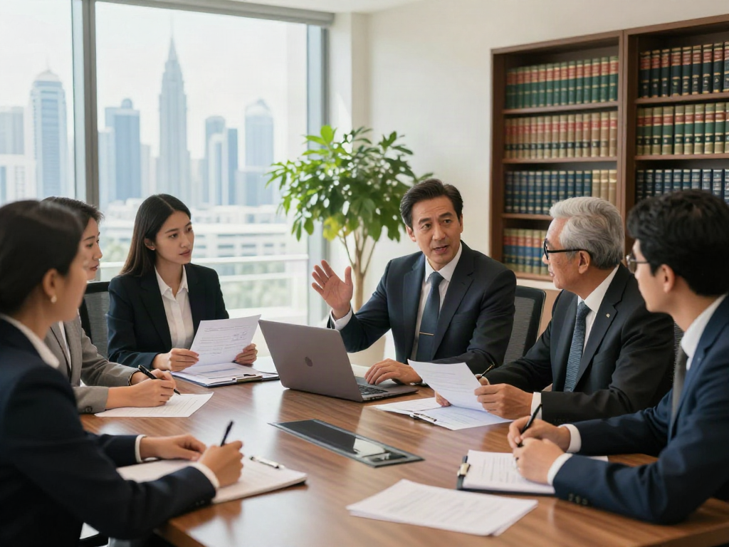 Banking and Finance Lawyers in Dubai collaborating in a modern law office, showcasing diverse professionals in a meeting.
