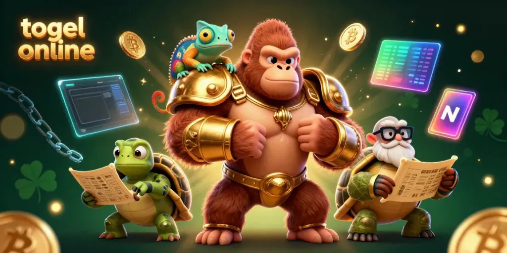 Menangkan togel online dengan gorila raja mengenakan armor emas, chameleon berubah warna, dan kura-kura bijaksana.