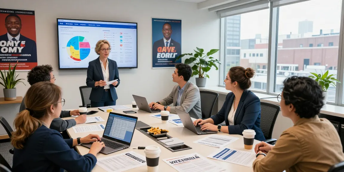 Vibrant campaign office showcasing generative engine optimization political strategies in action with data analysis and team collaboration.